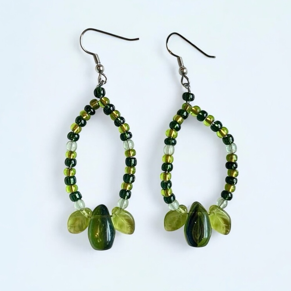 Handmade Glass Leaf Earrings Silver Tone Vintage Dangle Earrings Boho Jewelry